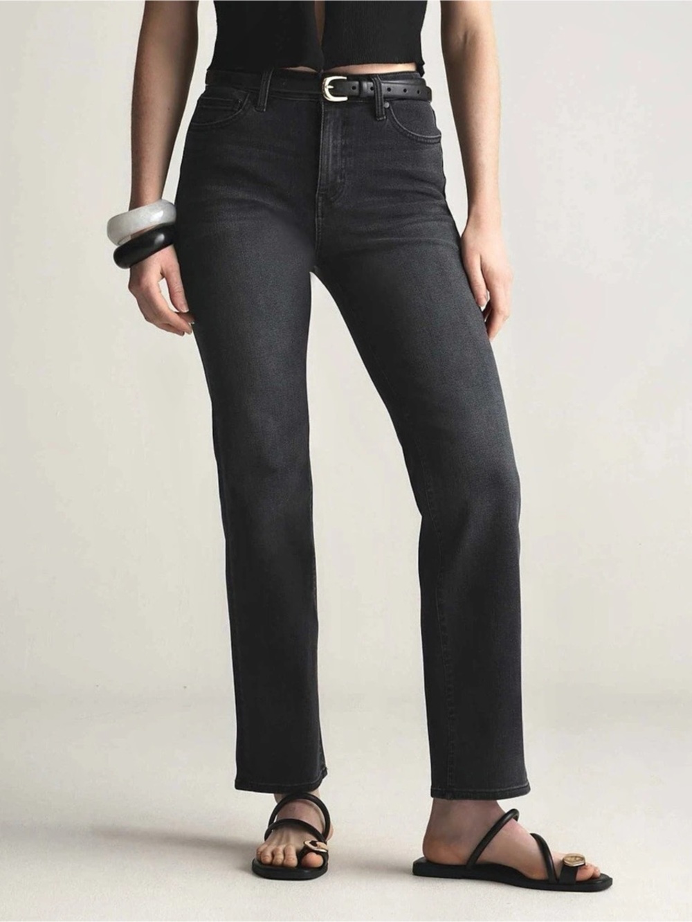 Quince Stretch High Rise Straight Jeans Faded Black 27 Short